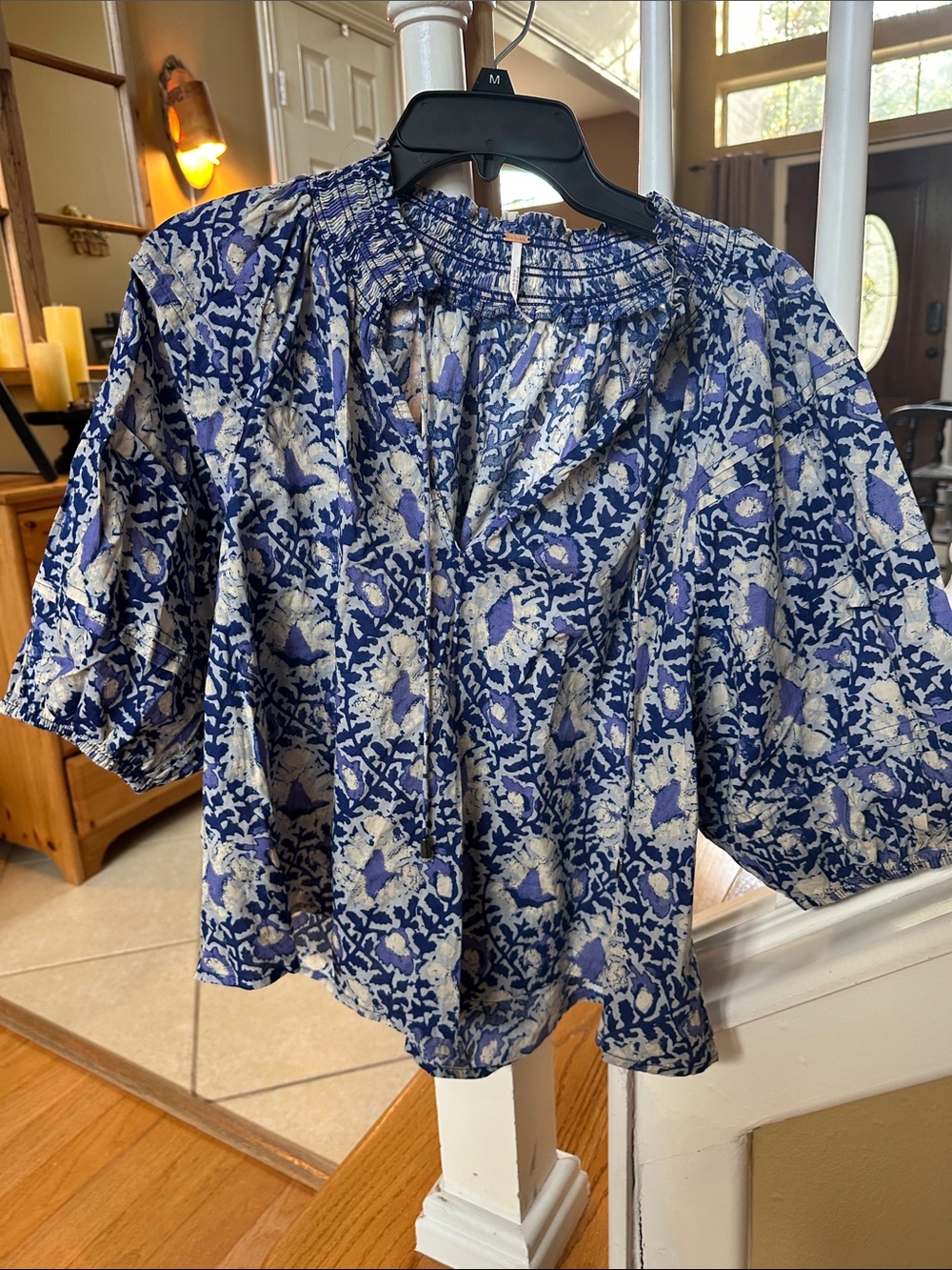 Free People Blue and Cream Floral Smocked-Neck Blouse